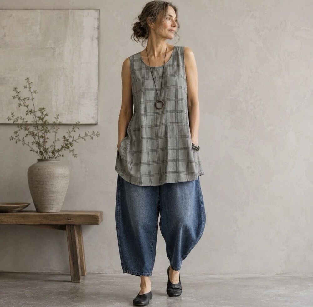 Eileen Fisher Women’s S/P Gray Plaid Sleeveless Silk Tunic Top Long Relaxed Fit - Picture 1 of 9